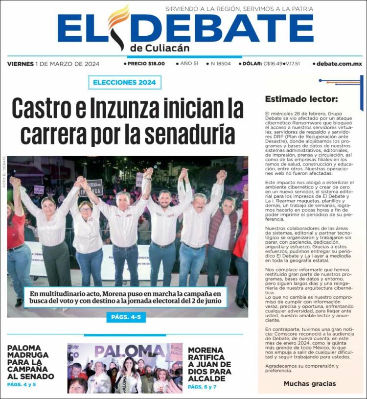 Portada de El Debate de Culiacán (M&eacute;xico)