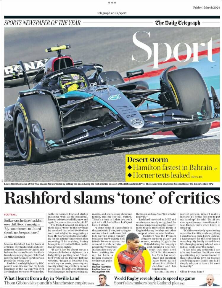 Portada de Telegraph Sport (Reino Unido)