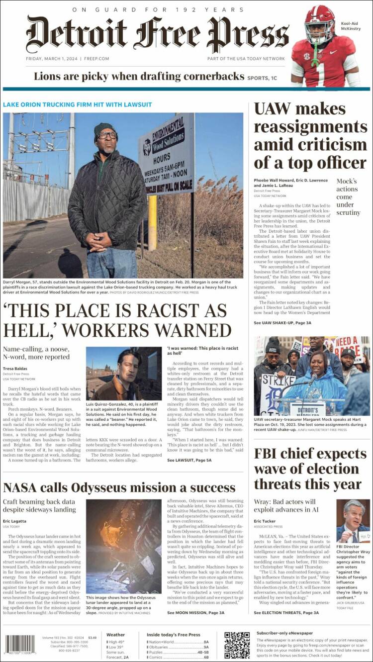 Portada de Detroit Free Press (USA)