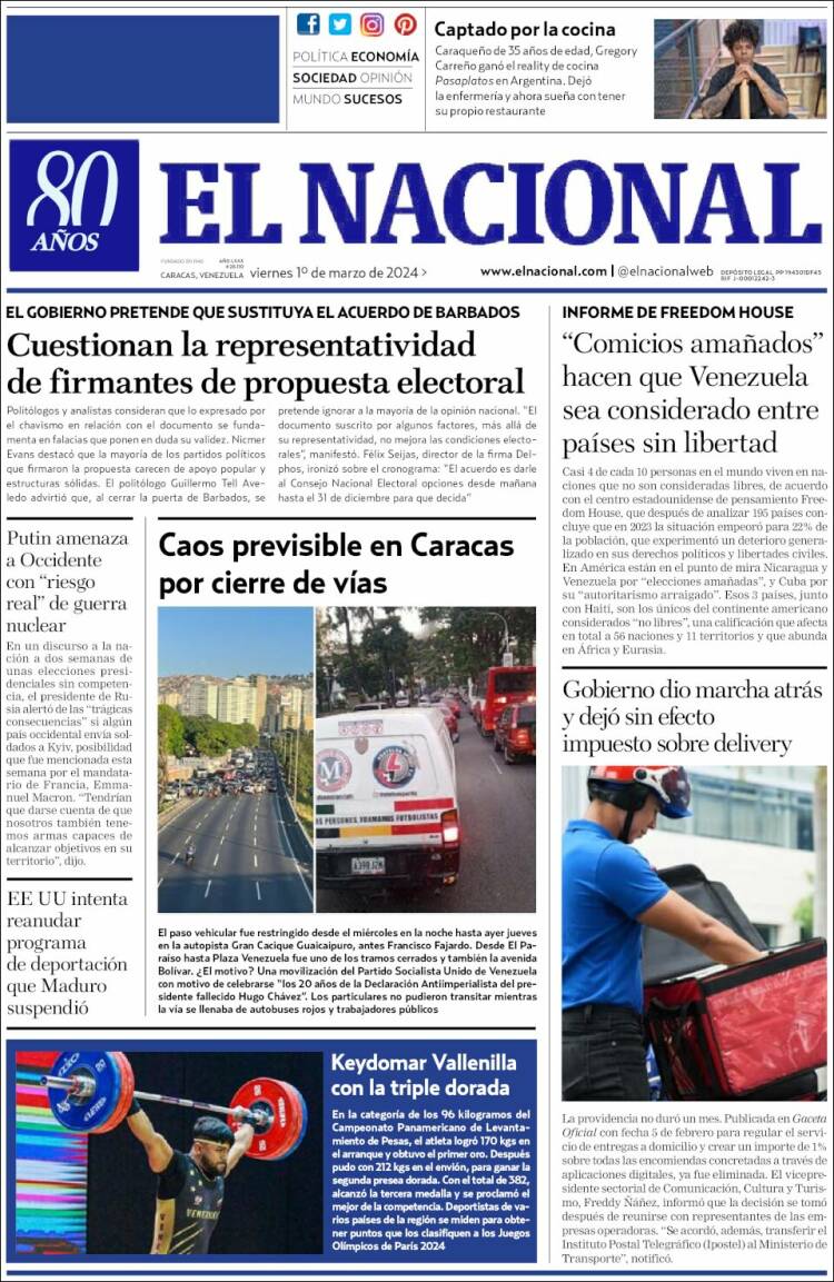Portada de El Nacional (Venezuela)