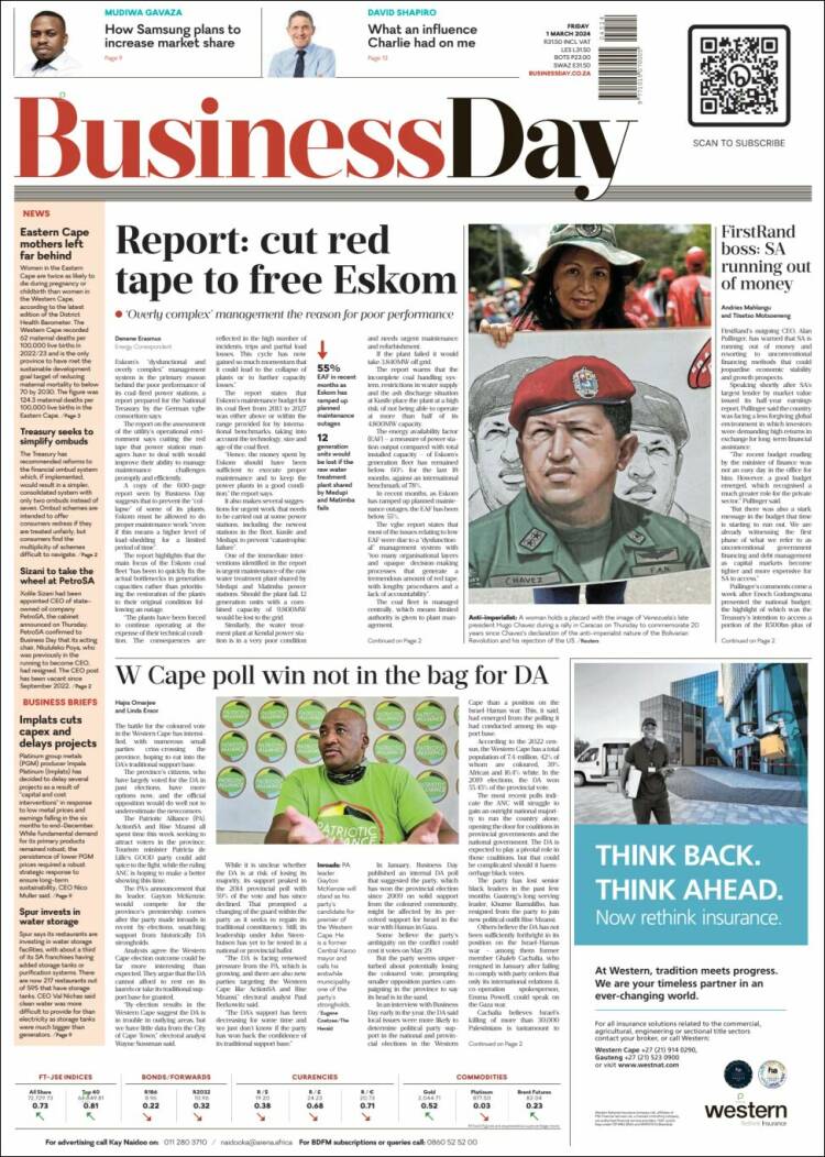 Portada de Business Day (Sud&aacute;frica)