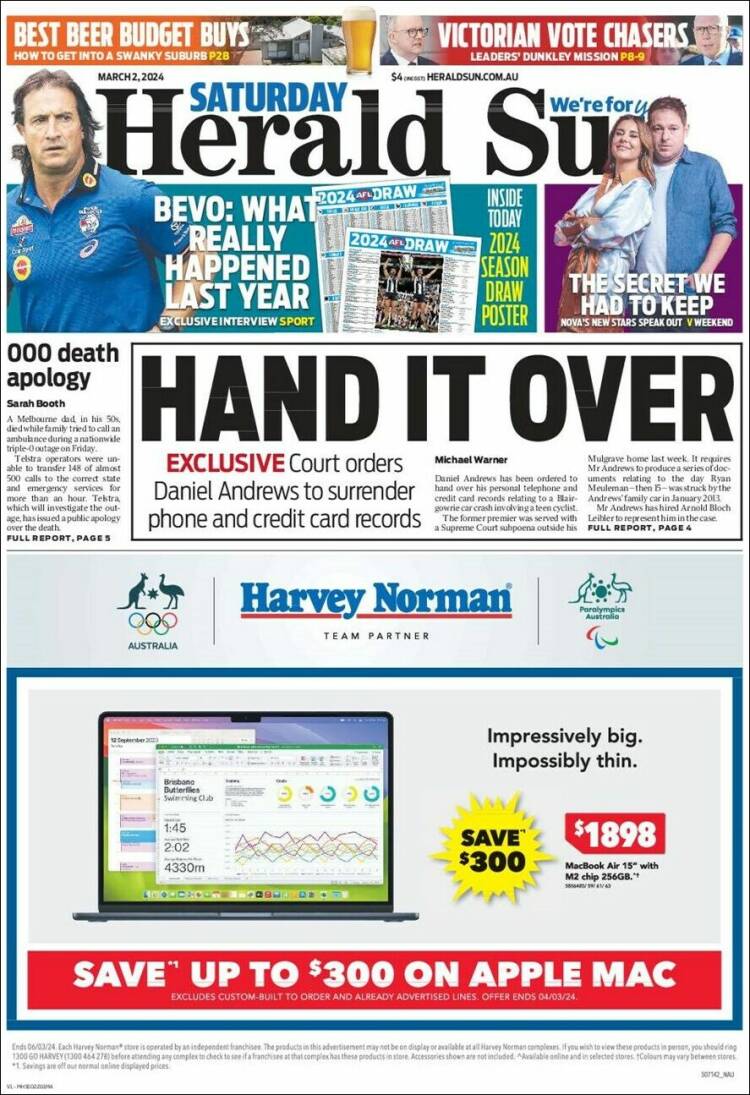 Portada de Herald Sun (Australia)