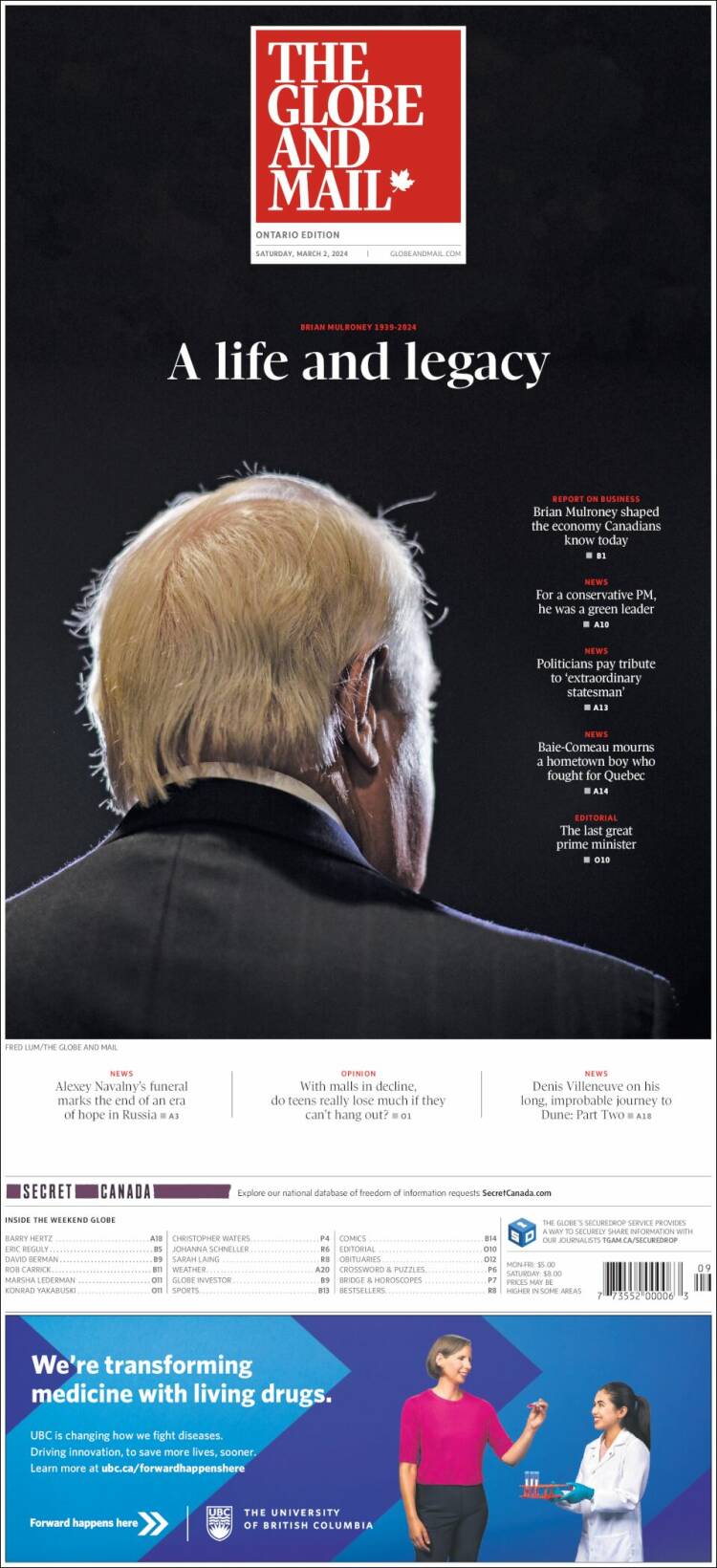 Portada de The Globe and Mail (Canadá)