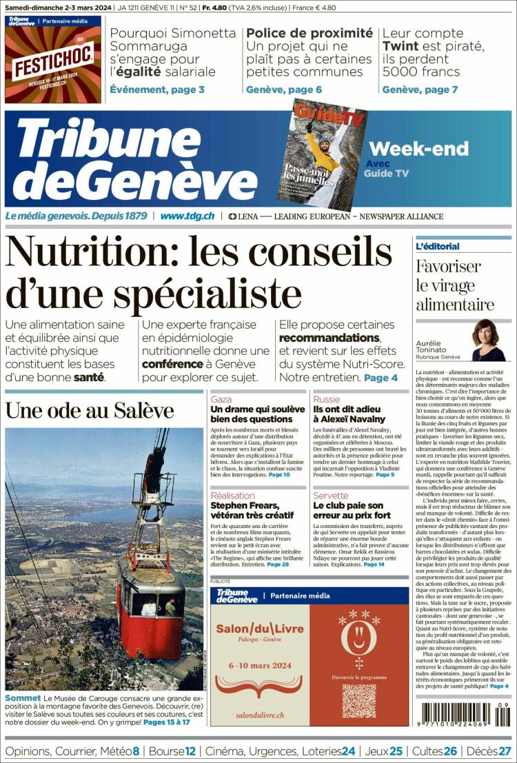 Portada de La Tribune de Genève (Suiza)