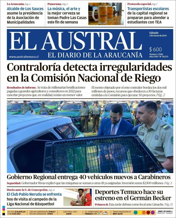 Portada de El Austral de Temuco (Chile)