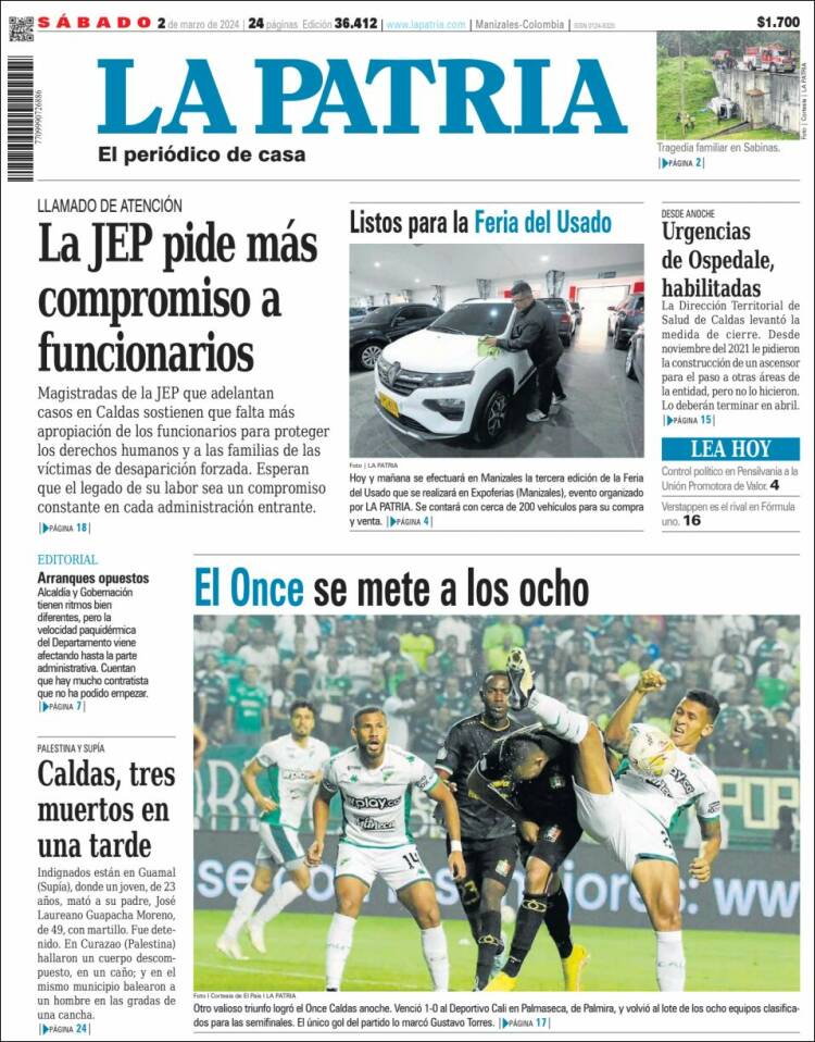 Portada de La Patria (Colombia)