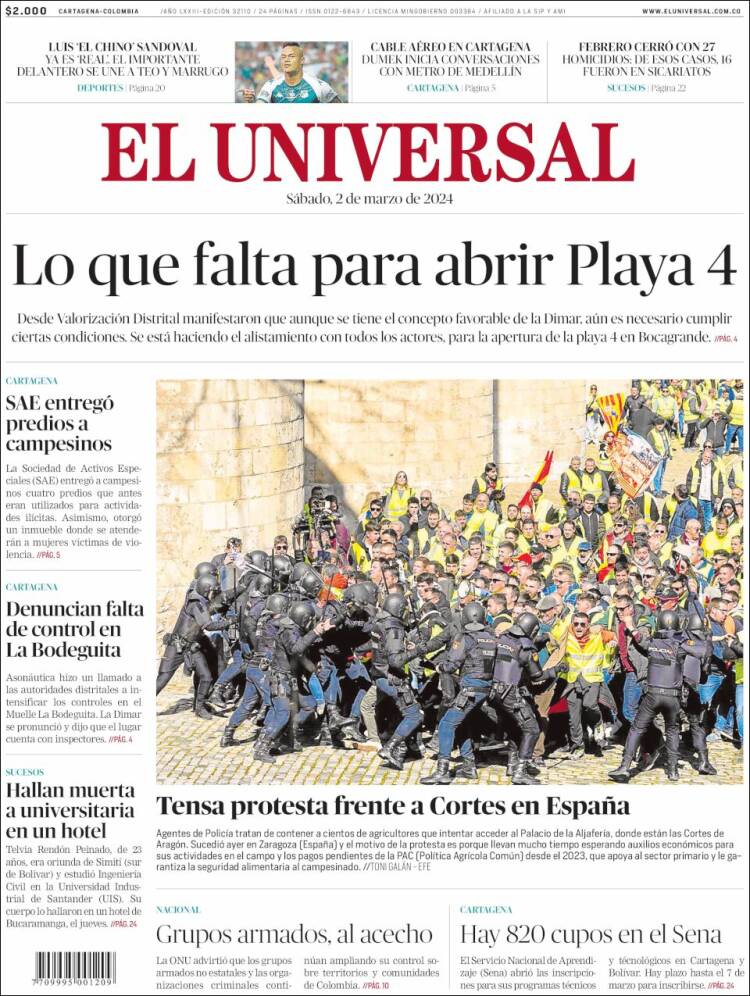 Portada de El Universal (Colombia)