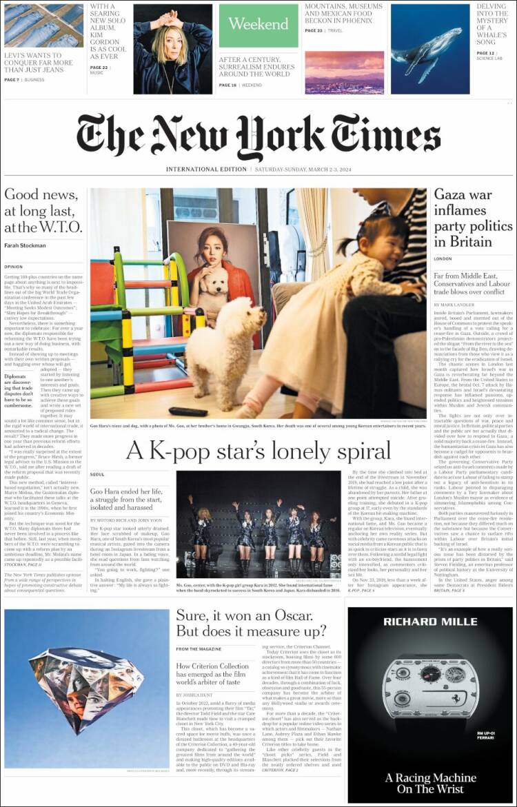 Portada de International New York Times (Europa)