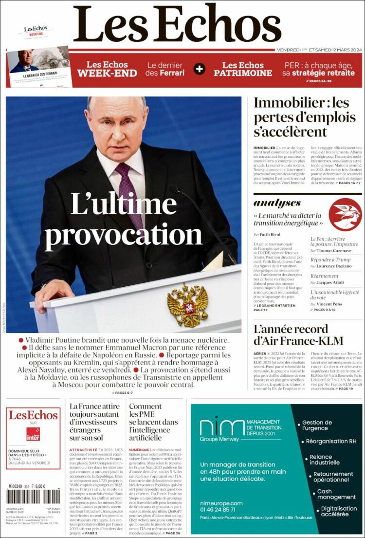 Portada de Les Echos (Francia)