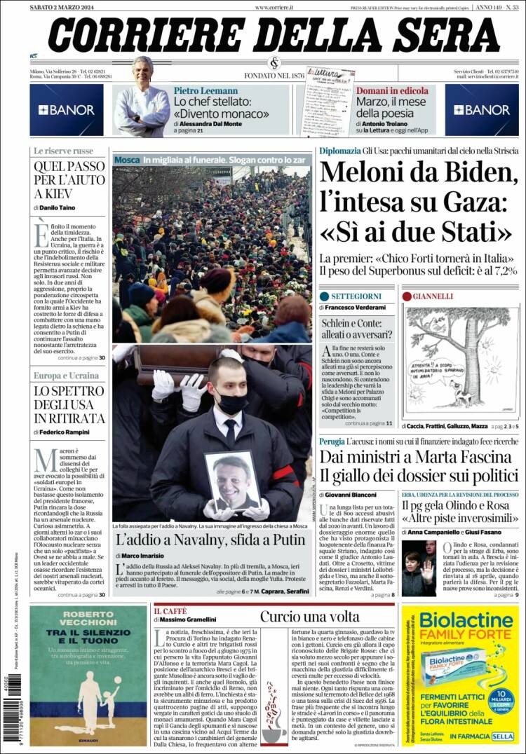 Portada de Corriere della Sera (Italia)
