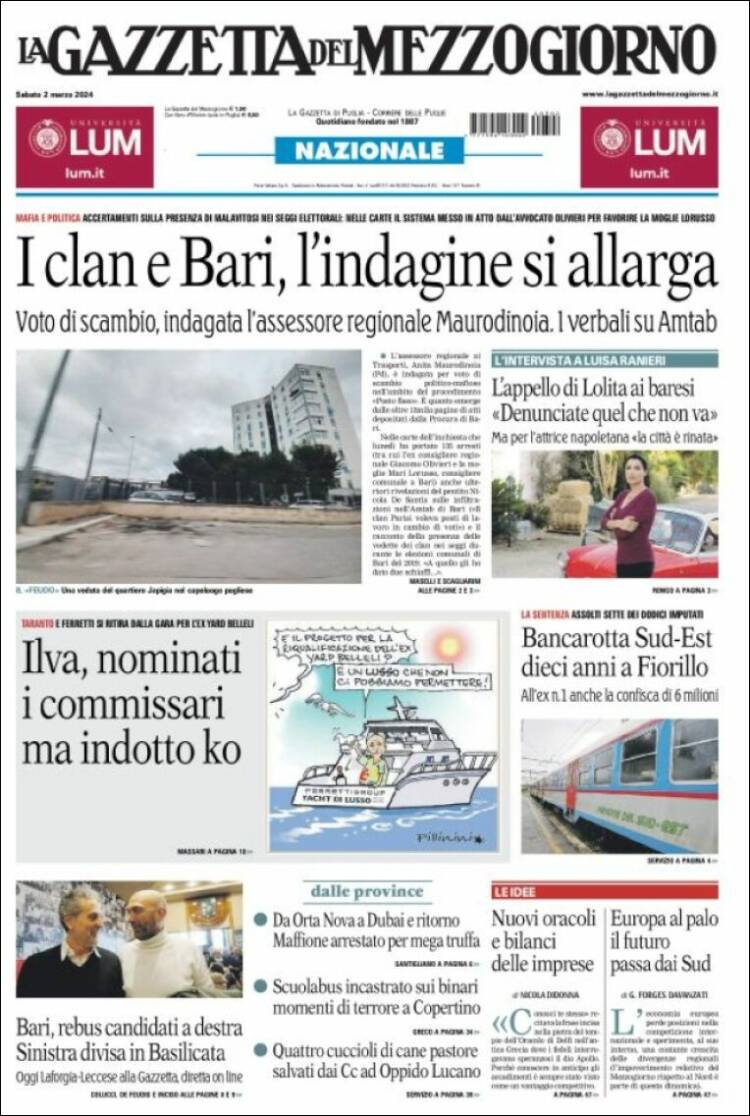 Portada de La Gazzetta del Mezzogiorno (Italia)