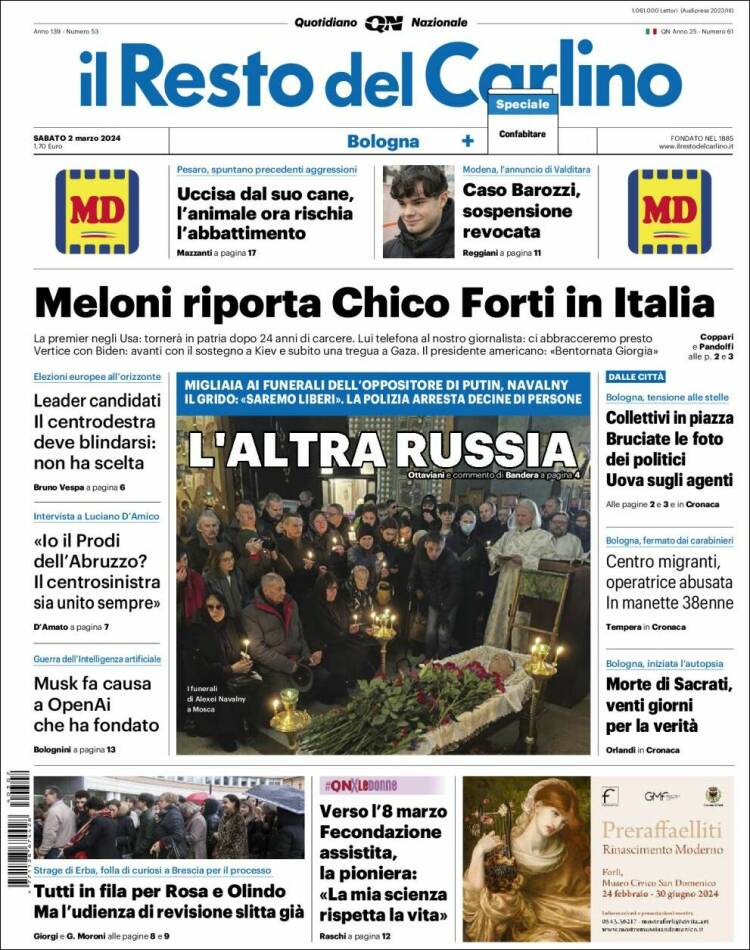 Portada de Il Resto del Carlino (Italia)