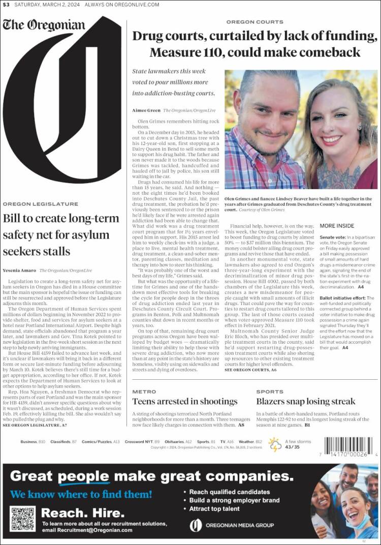 Portada de The Oregonian (USA)