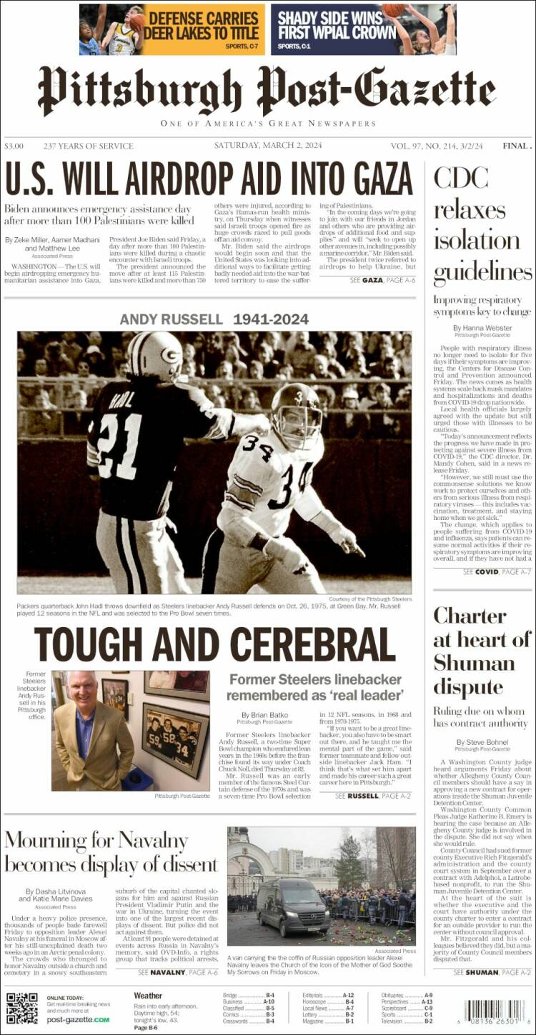 Portada de Pittsburgh Post-Gazette (USA)