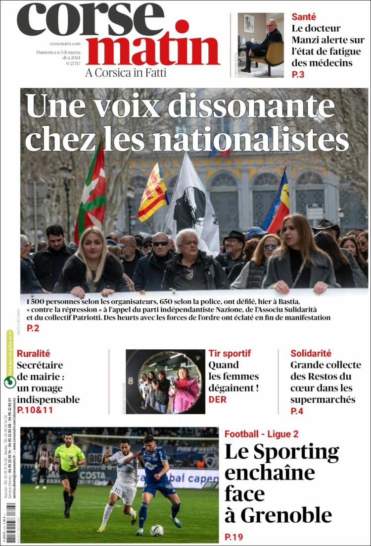 Portada de Corse-Matin (Francia)