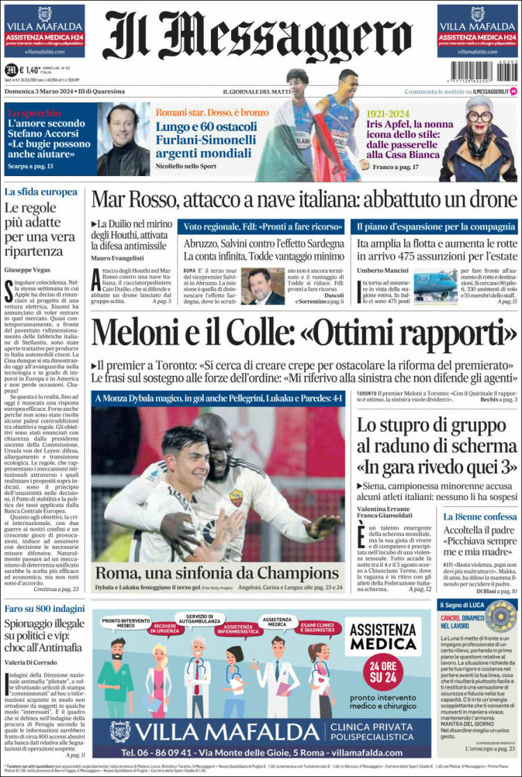 Portada de Il Messaggero (Italia)