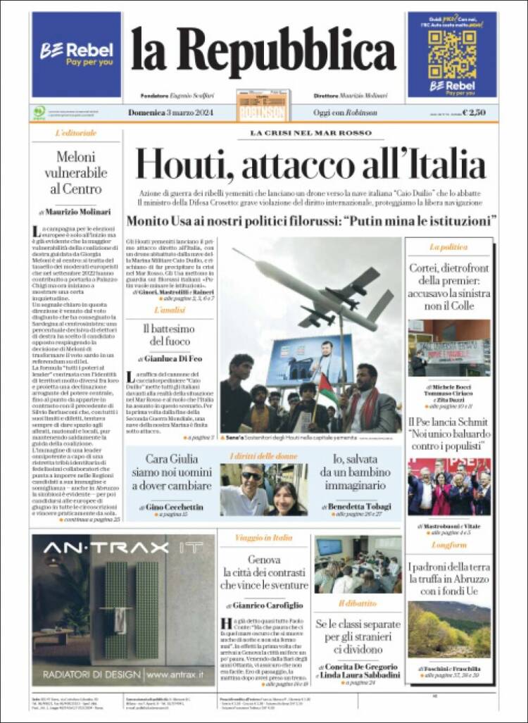 Portada de La Repubblica (Italia)