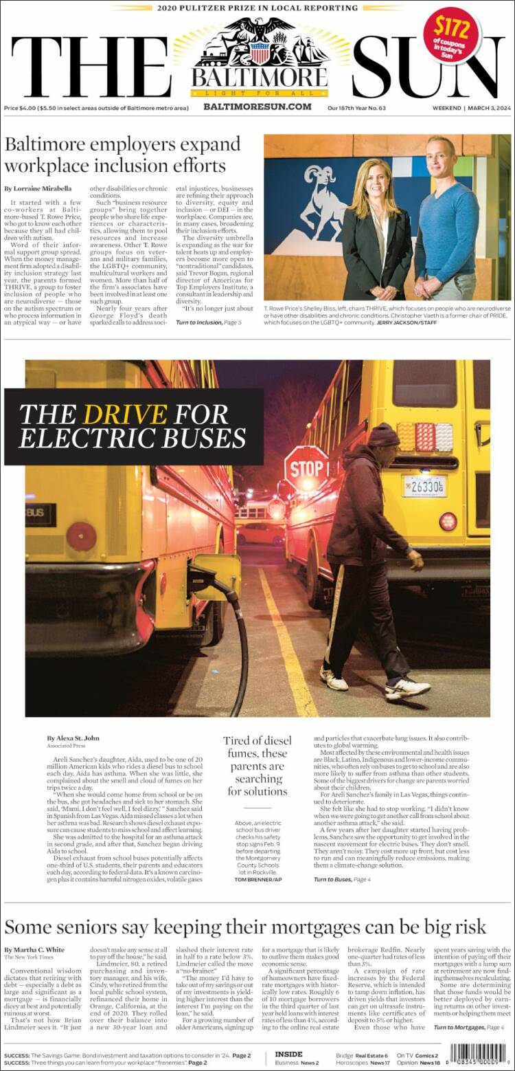 Portada de The Baltimore Sun (USA)