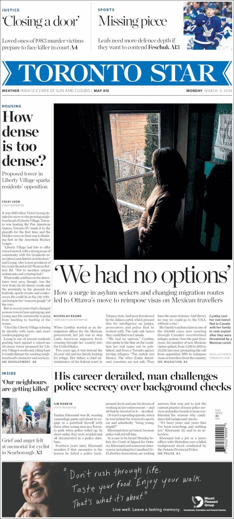 Portada de The Toronto Star (Canada)