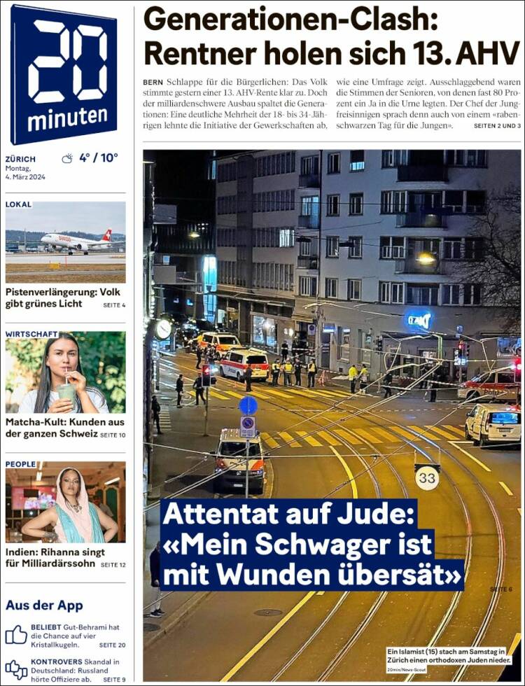 Portada de 20Minuten - Zürich (Suiza)