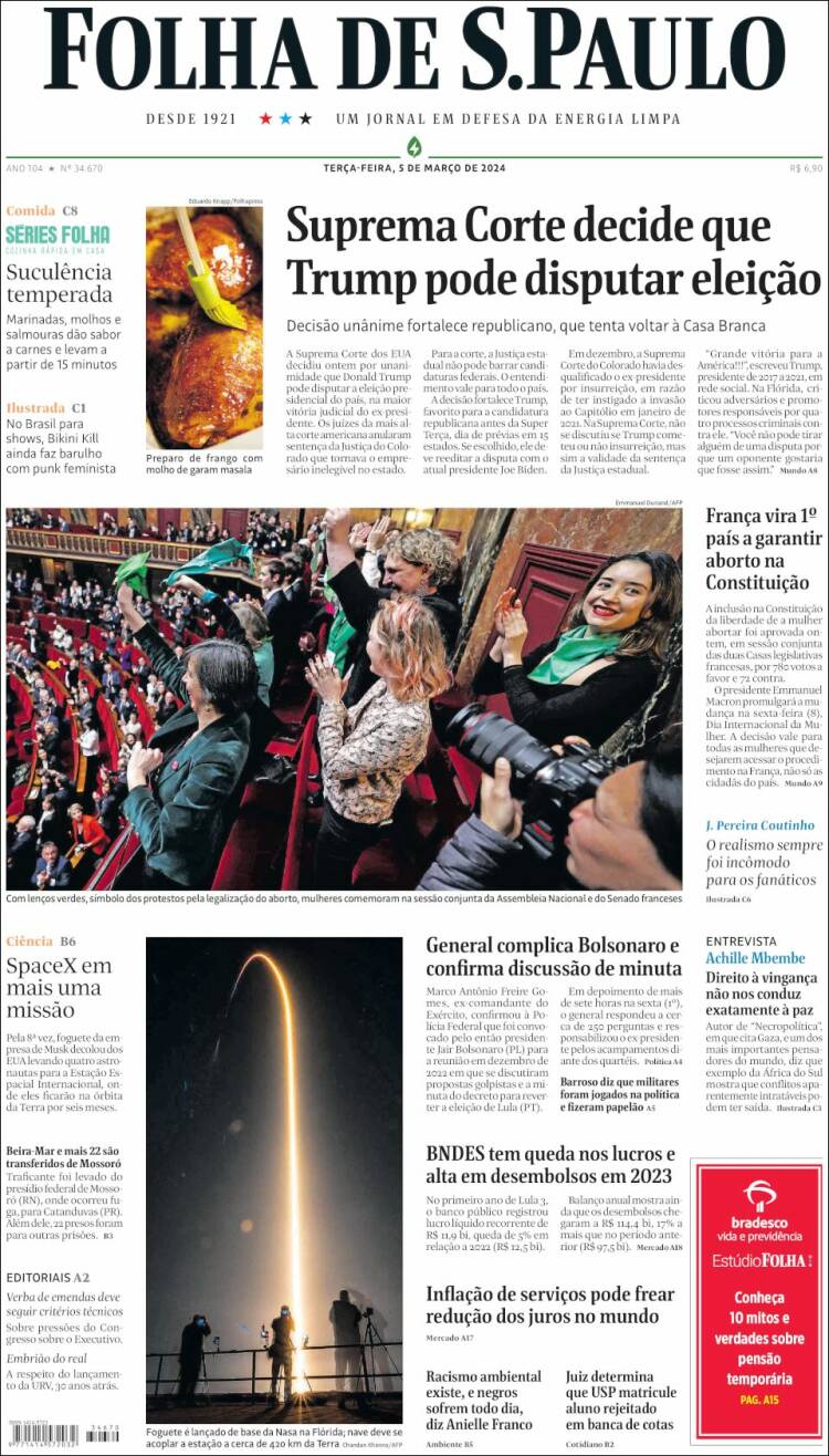 Portada de Folha de São Paulo (Brasil)