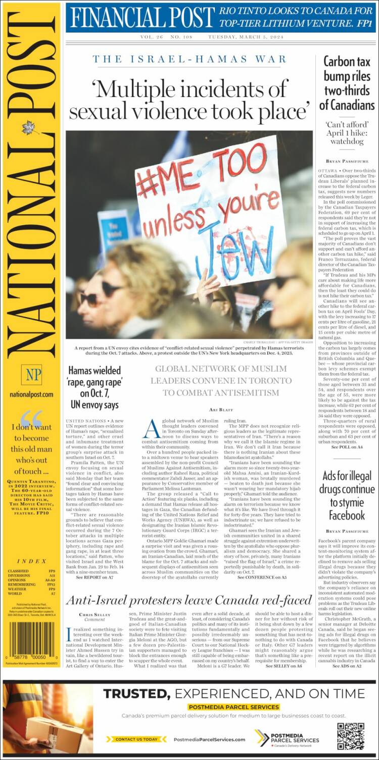 Portada de The National Post (Canadá)