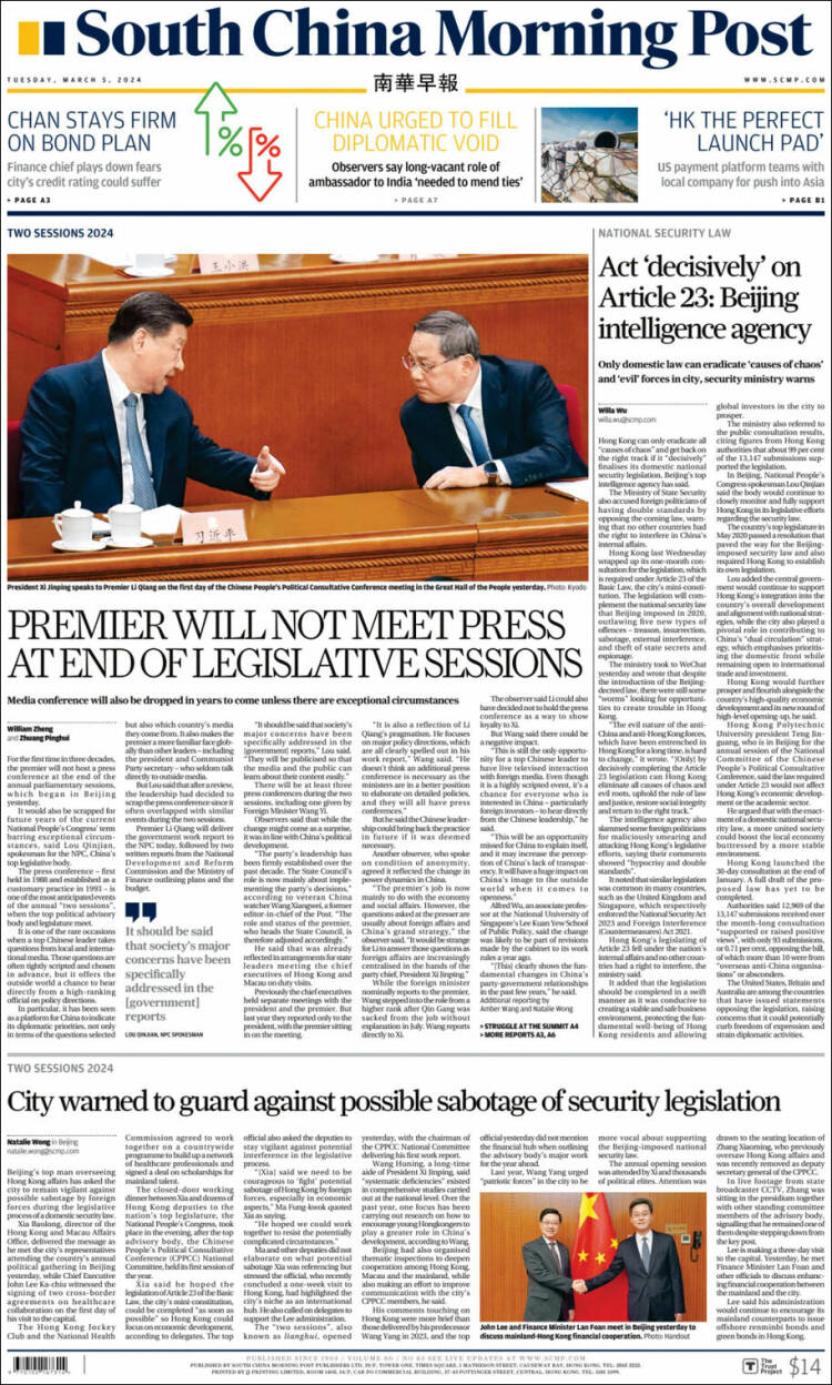 Portada de South China Morning Post (Chine)