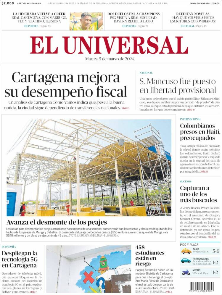 Portada de El Universal (Colombia)