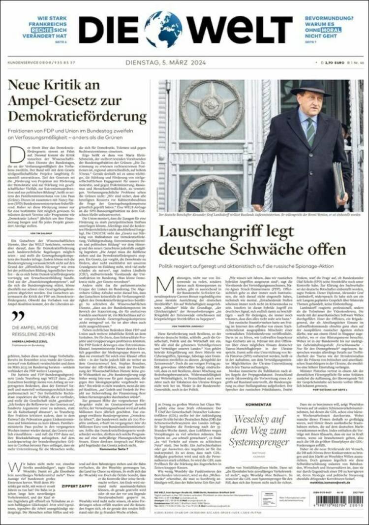 Portada de Die Welt (Alemania)