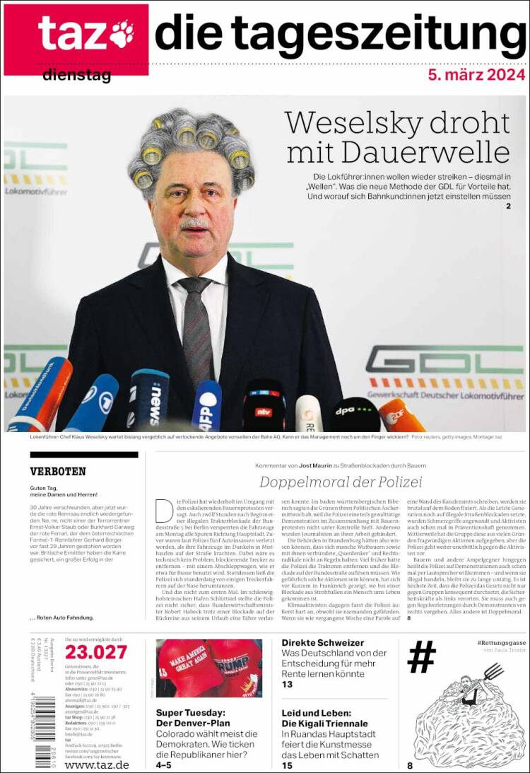 Portada de Die Tageszeitung (Alemania)