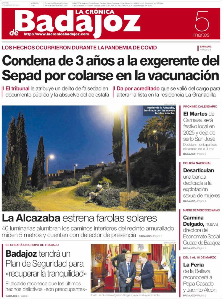 Portada de La Crónica de Badajoz (España)