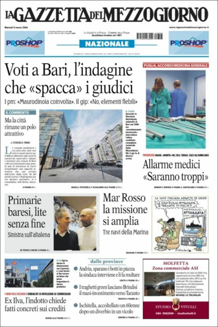 Portada de La Gazzetta del Mezzogiorno (Italia)