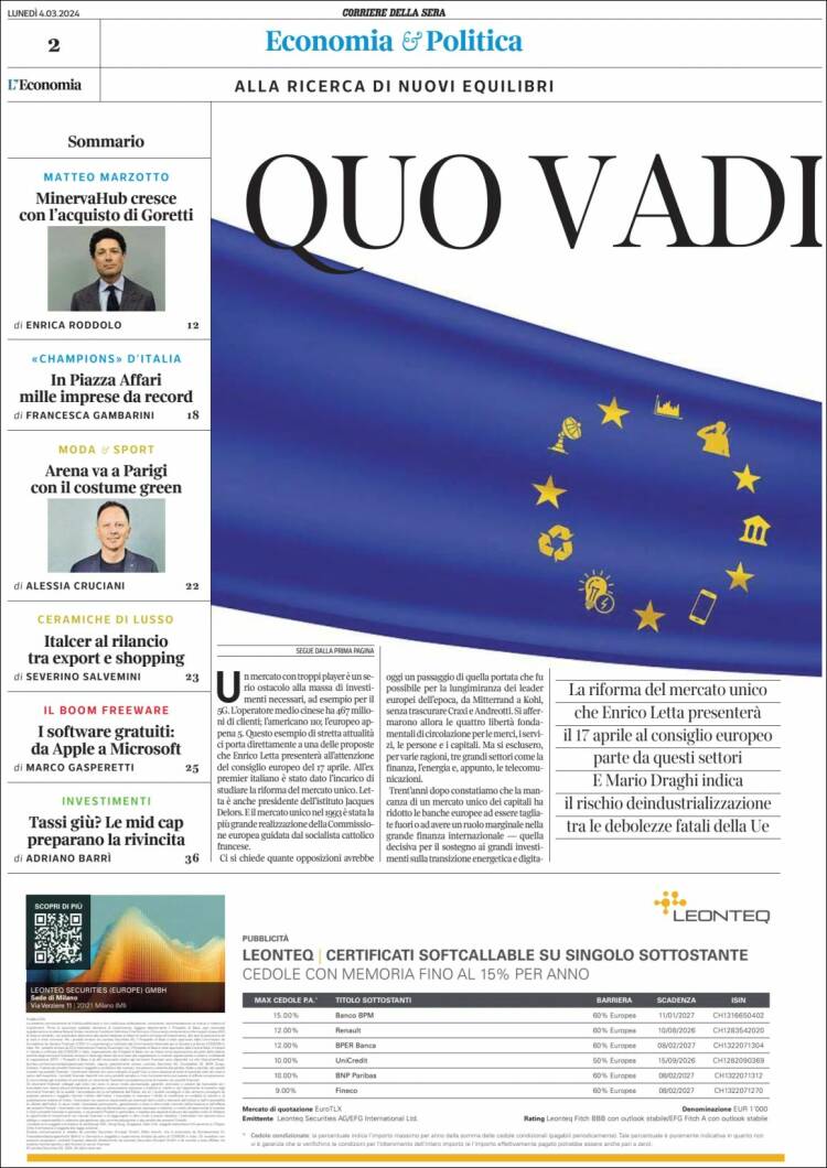 Portada de L'Economia (Italia)