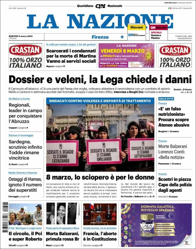 Portada de La Nazione (Italia)