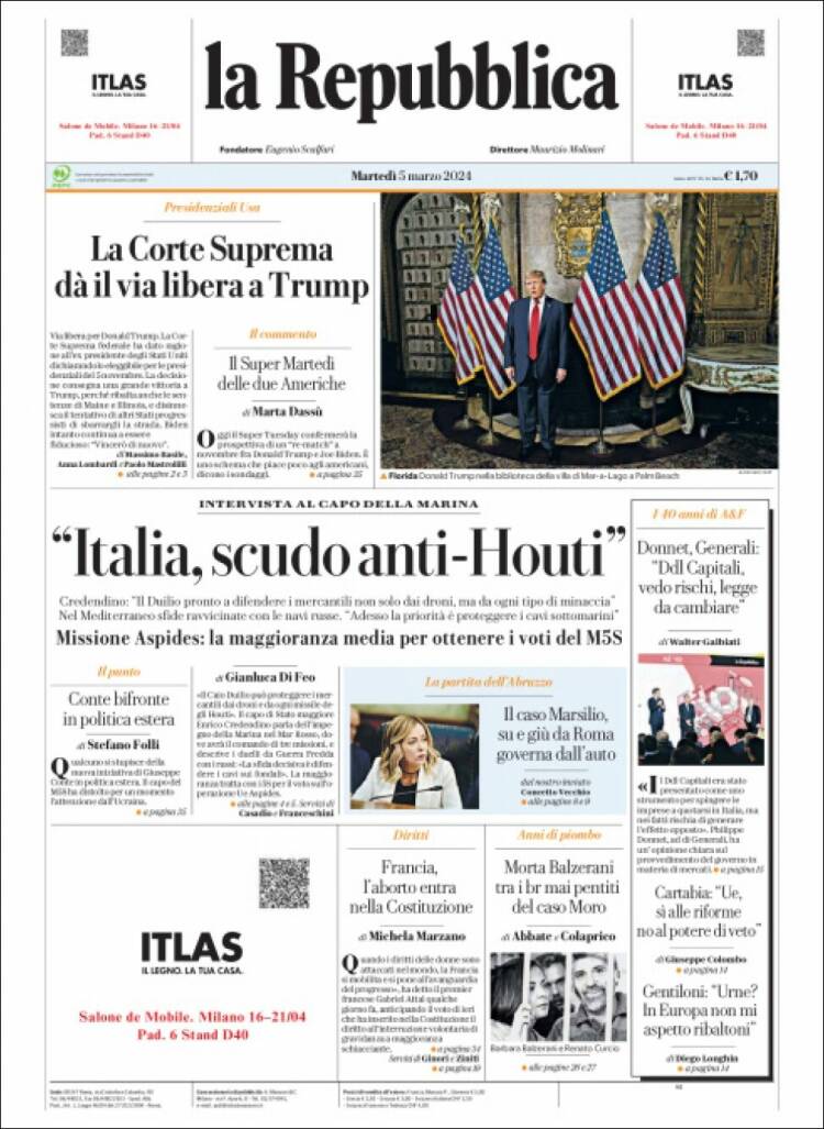 Portada de La Repubblica (Italia)