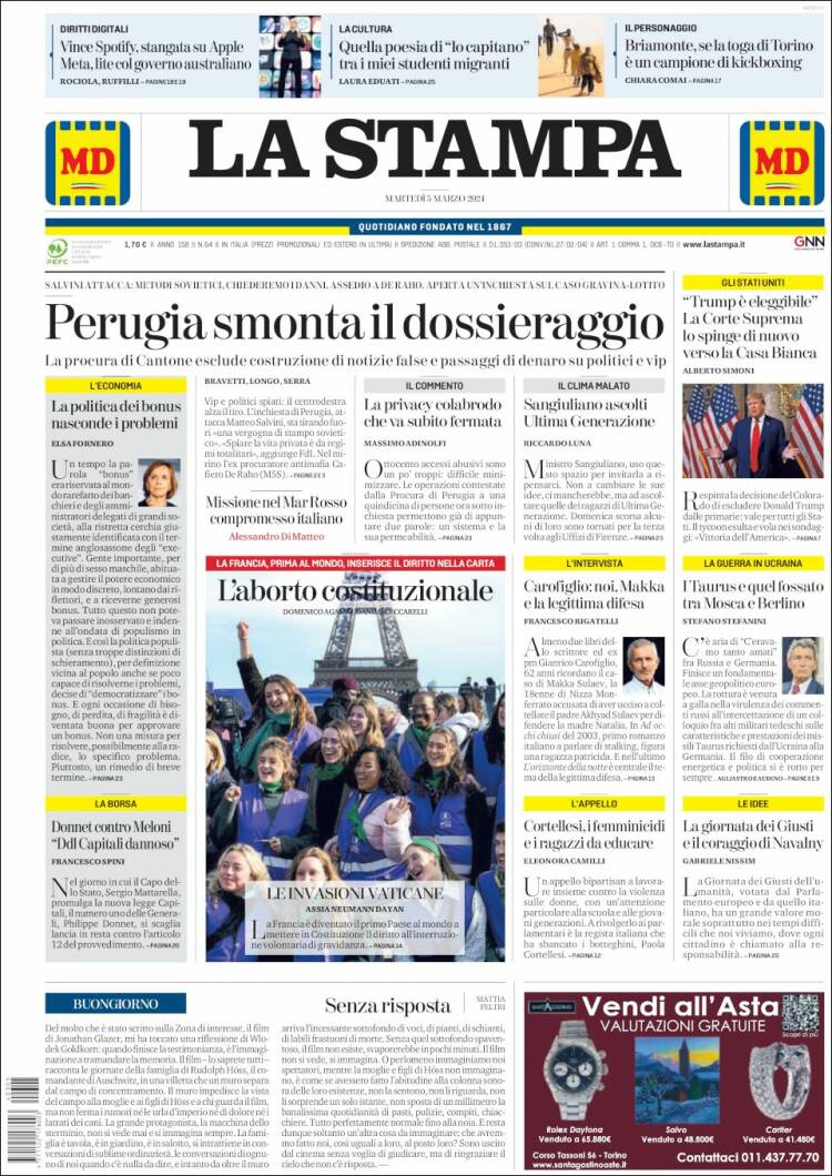 Portada de La Stampa (Italia)