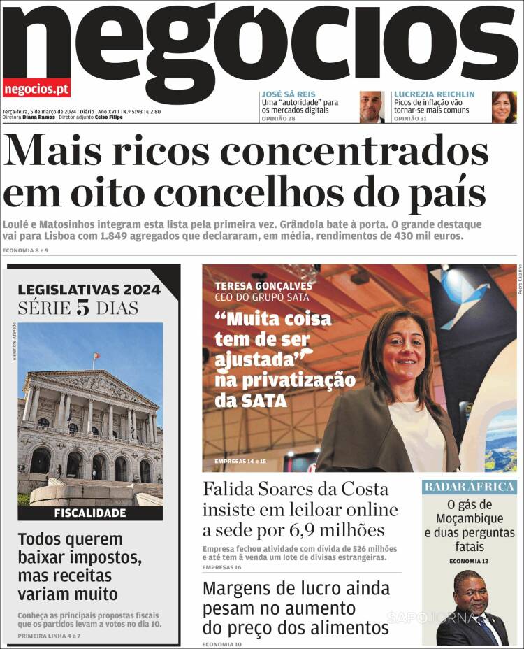 Portada de Jornal de Negócios (Portugal)