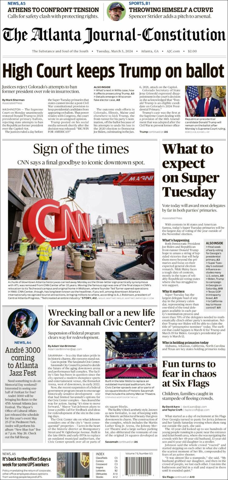 Portada de The Atlanta Journal-Constitution (USA)