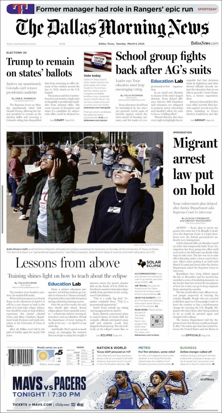 Portada de Dallas Morning News (USA)