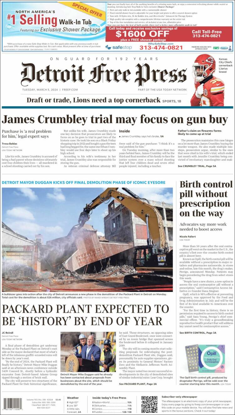 Portada de Detroit Free Press (USA)