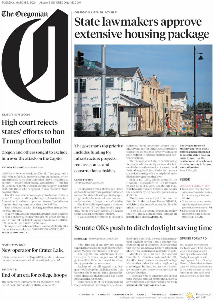 Portada de The Oregonian (USA)