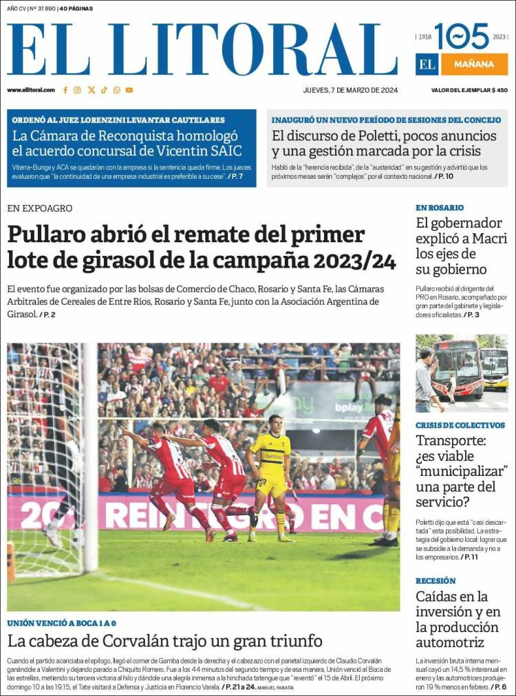 Portada de Diario El Litoral (Argentina)
