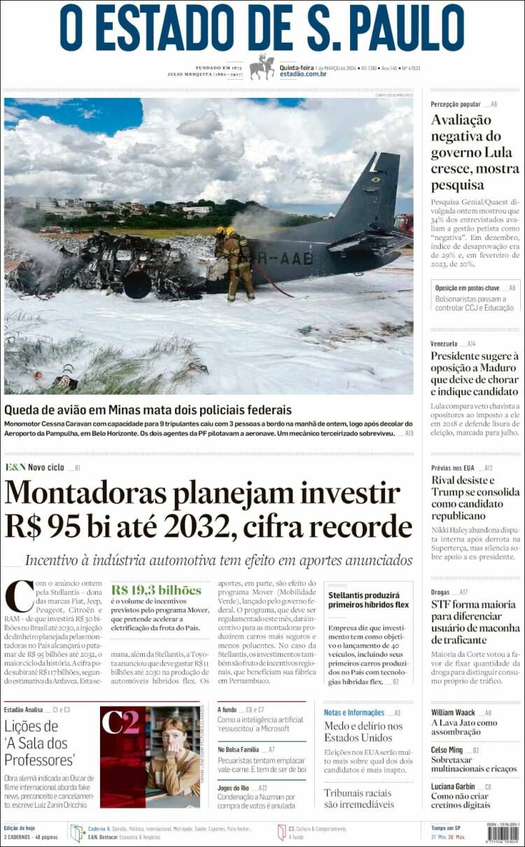 Portada de O Estado de São Paulo (Brasil)
