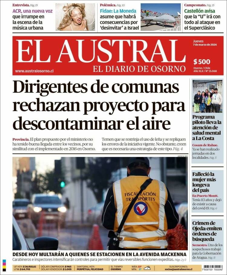 Portada de El Austral de Osorno (Chile)