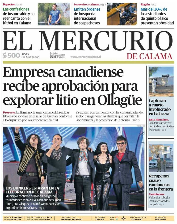 Portada de El Mercurio - Calama (Chile)