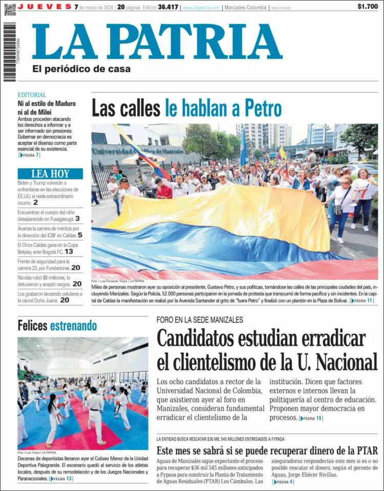 Portada de La Patria (Colombia)