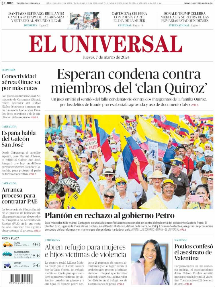 Portada de El Universal (Colombia)