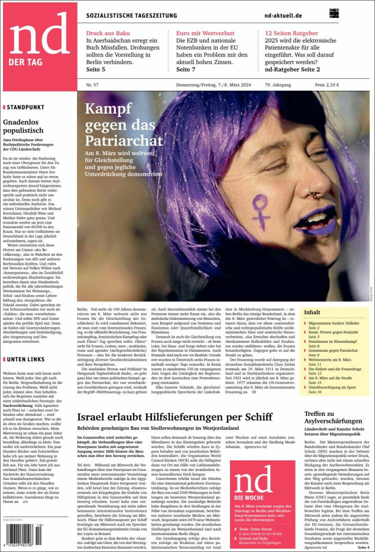 Portada de Neues Deutschland (Alemania)