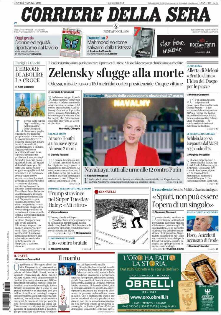 Portada de Corriere della Sera (Italia)