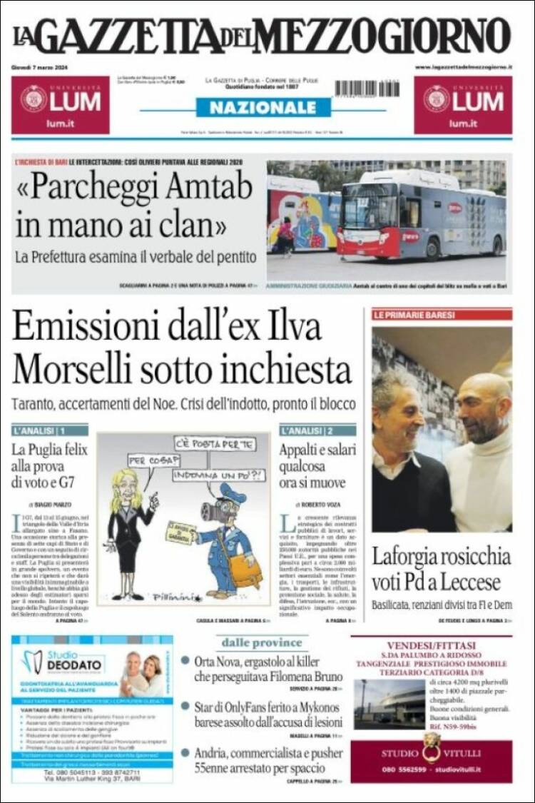 Portada de La Gazzetta del Mezzogiorno (Italia)
